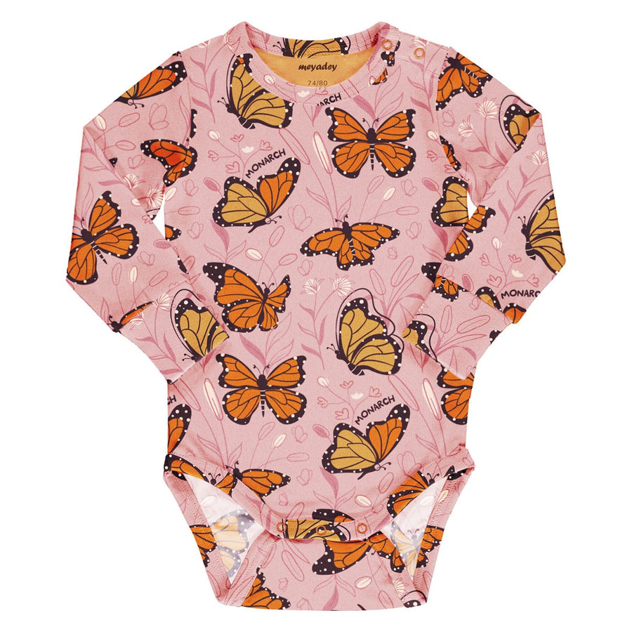 Meyadey kid's organic cotton long sleeve bodysuit in the Monarch Majesty print on a white background