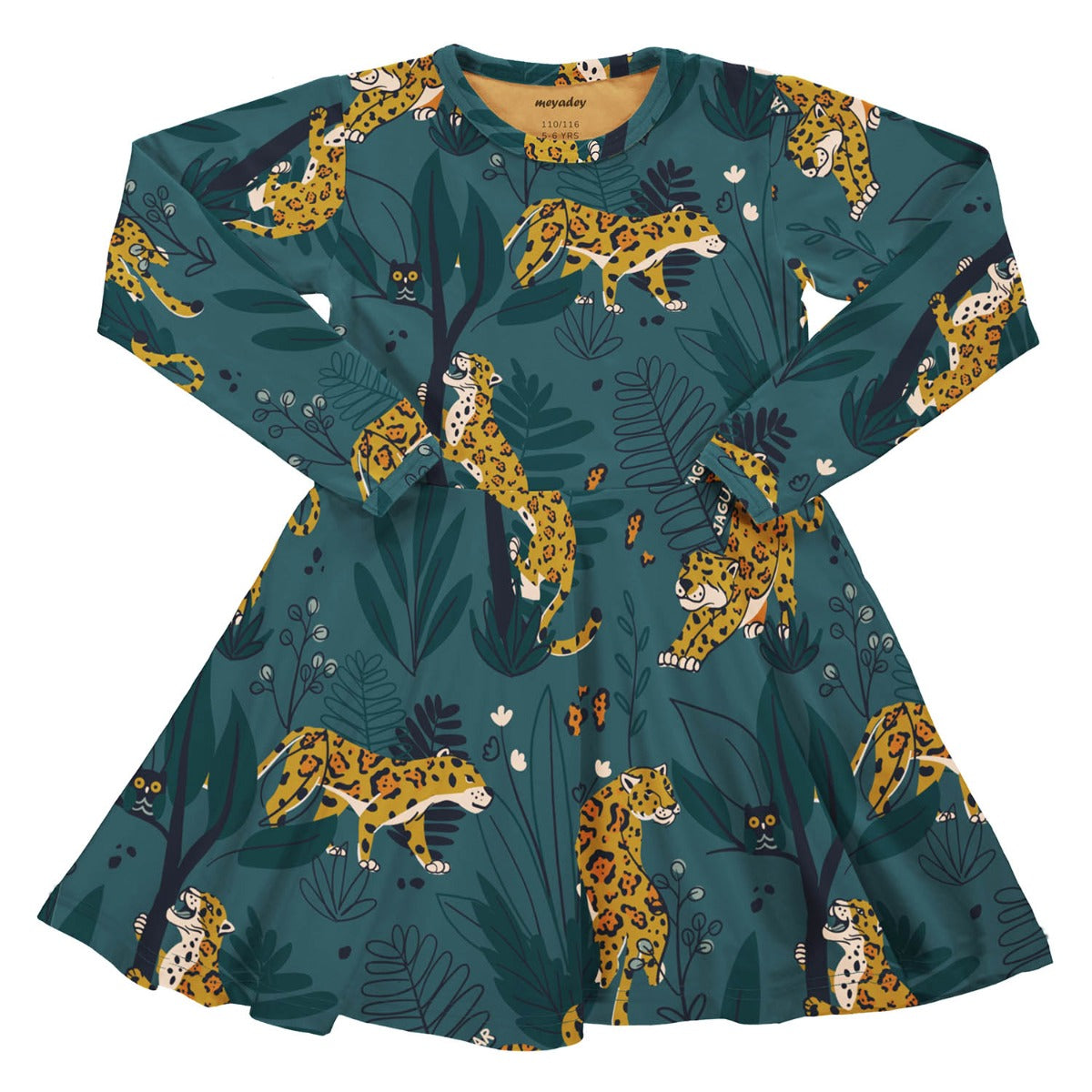 Meyadey kid's organic cotton long sleeve circle dress in the Jaguar Journey print on a white background