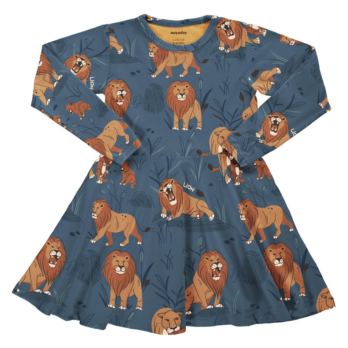 Meyadey kid's organic cotton long sleeve circle dress in the Lion Legacy print on a white background