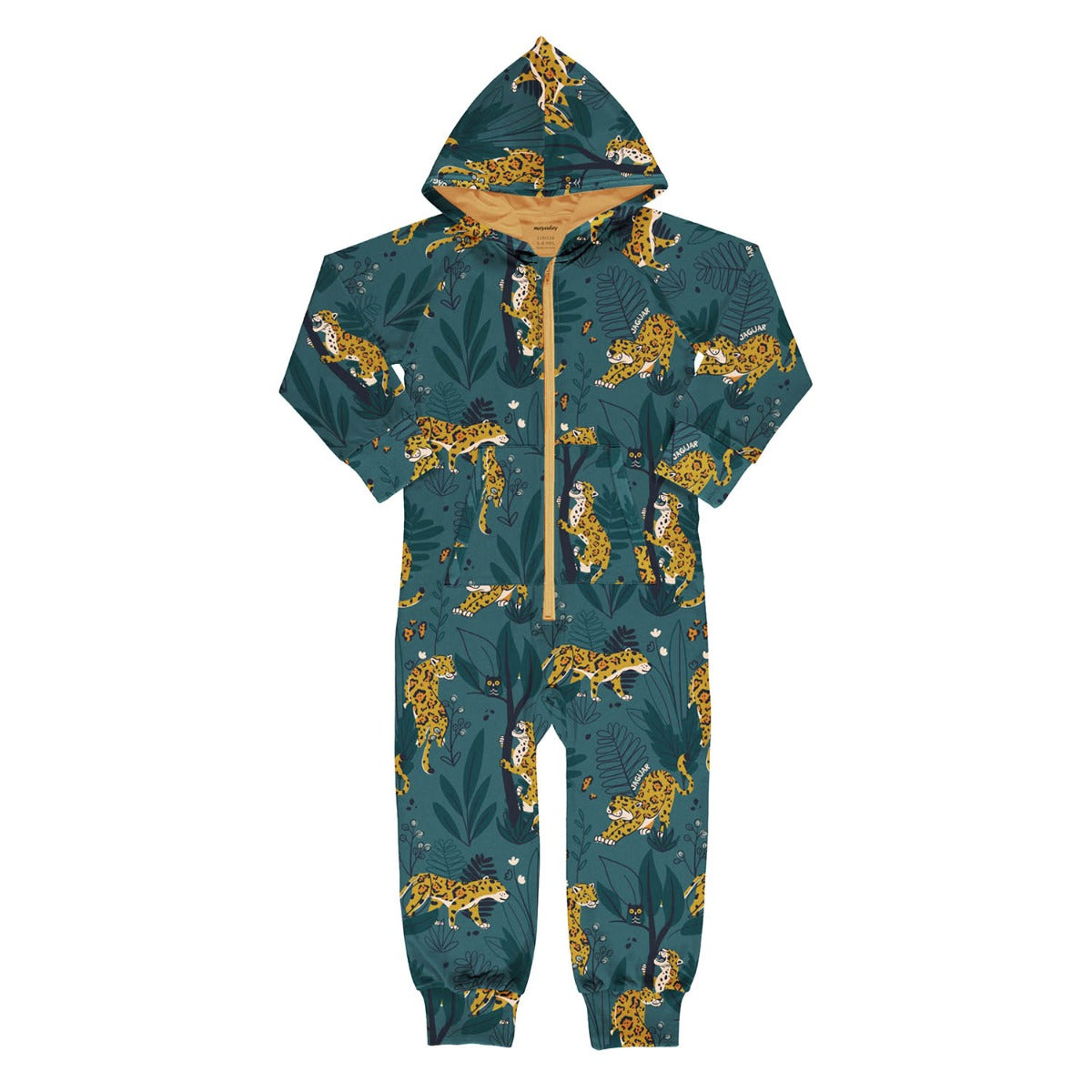 Meyadey kid's organic cotton hooded onesie in the Jaguar Journey print on a white background