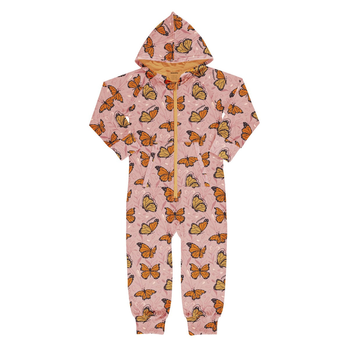 Meyadey kid's organic cotton hooded onesie in the Monarch Majesty print on a white background