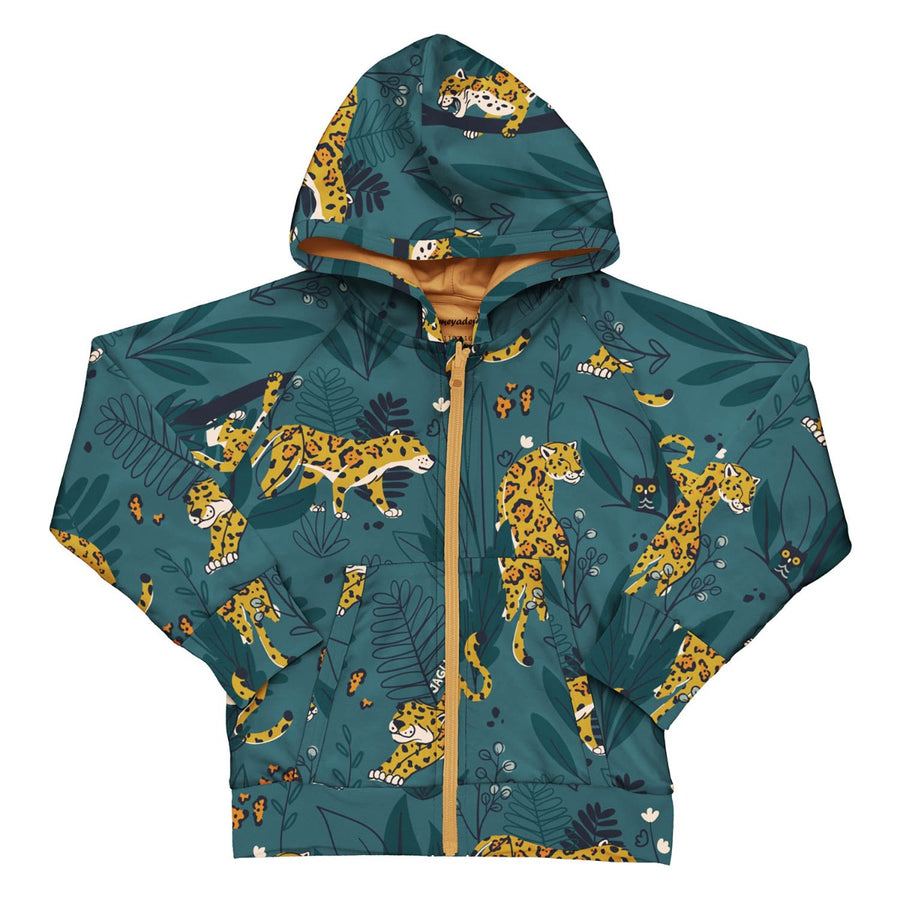 Meyadey kid's organic cotton zip hoodie in the Jaguar Journey print on a white background