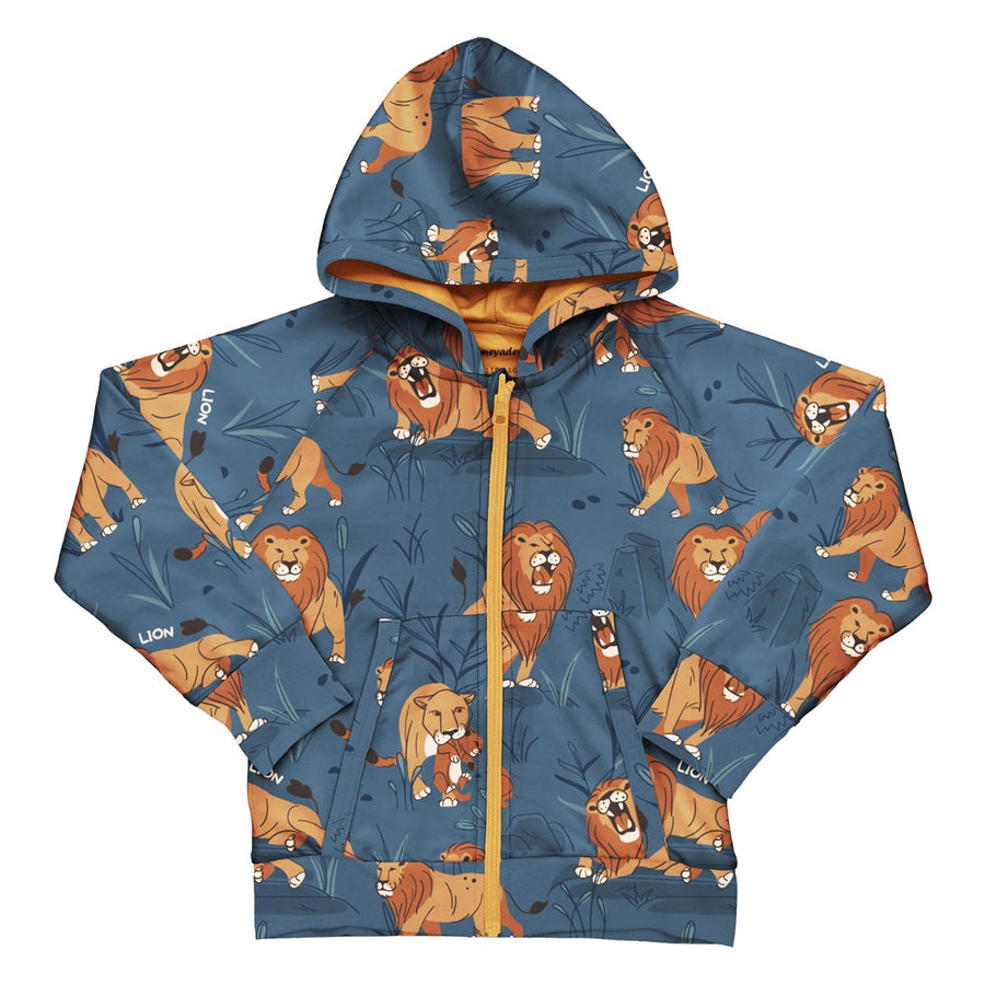 Meyadey kid's organic cotton zip hoodie in the Lion Legacy print on a white background