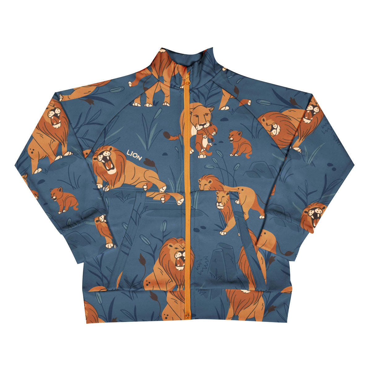 Meyadey kid's organic cotton lined zip jacket in the Lion Legacy print on a white background