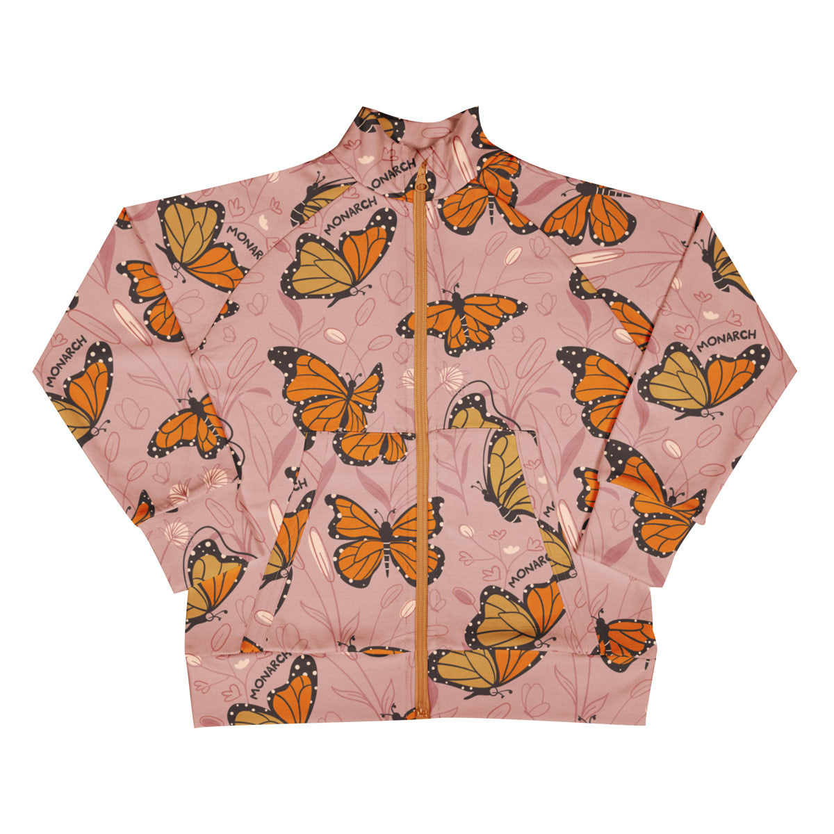 Meyadey kid's organic cotton lined zip jacket in the Monarch Majesty print on a white background