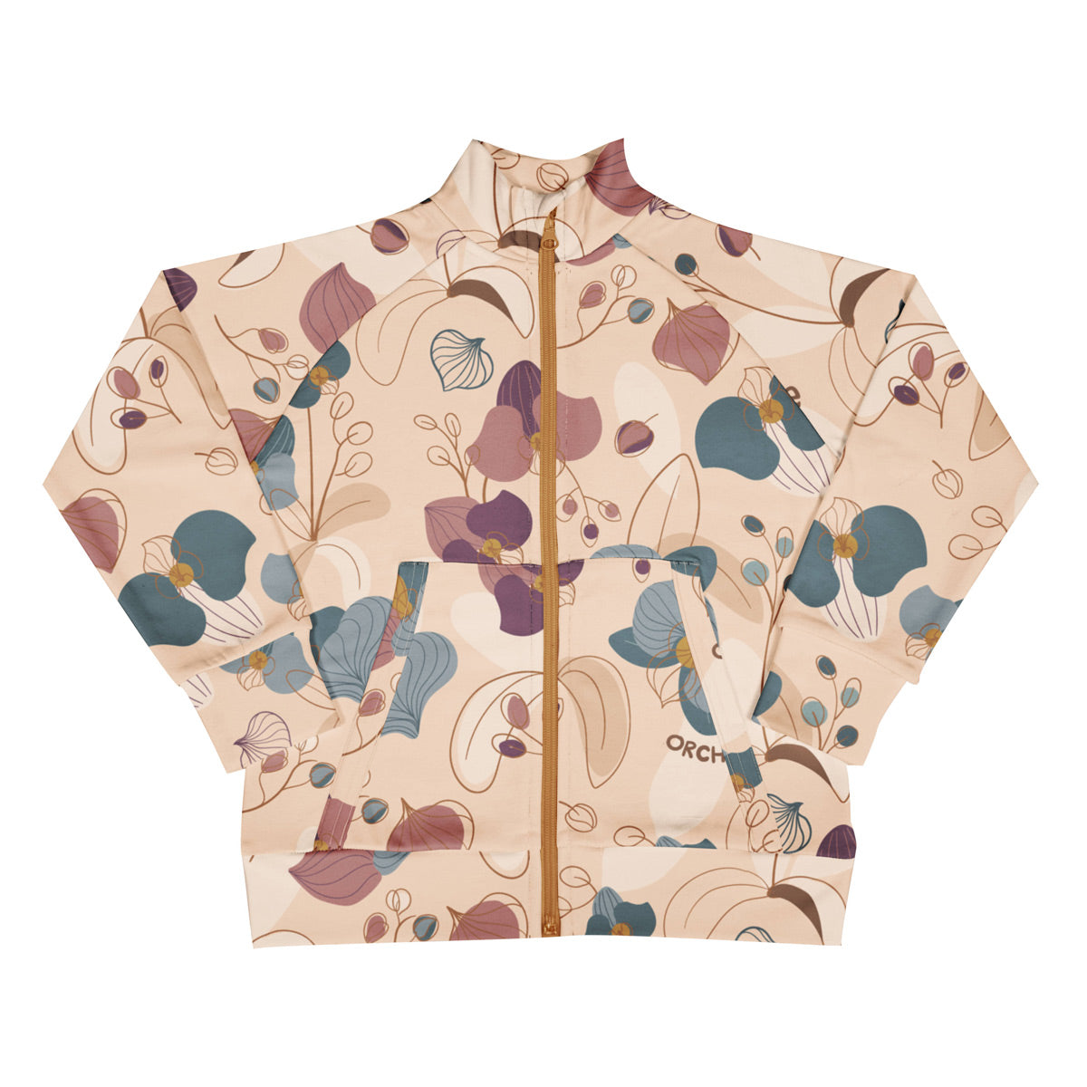 Meyadey kid's organic cotton lined zip jacket in the Tropical Orchid print on a white background