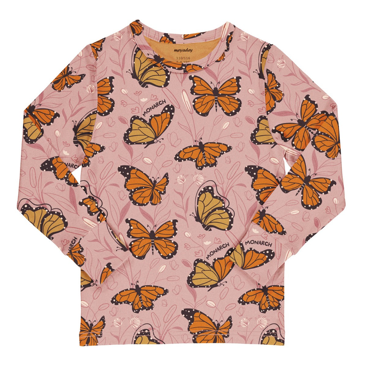 Meyadey kid's organic cotton long sleeve top in the Monarch Majesty print on a white background