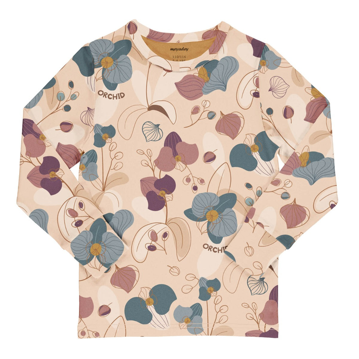 Meyadey kid's organic cotton long sleeve top in the Tropical Orchid print on a white background
