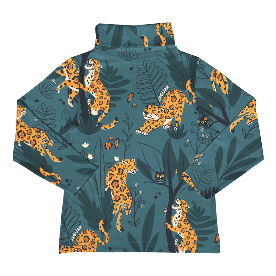 Meyadey kid's organic cotton long sleeve turtle neck top in the Jaguar Journey print on a white background