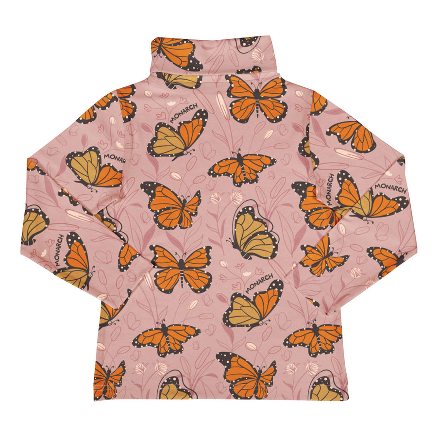 Meyadey kid's organic cotton long sleeve turtle neck top in the Monarch Majesty print on a white background