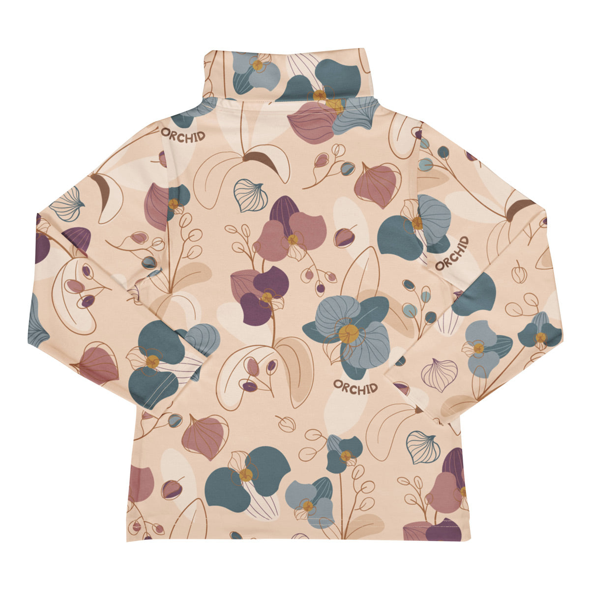 Meyadey kid's organic cotton long sleeve turtle neck top in the Tropical Orchid print on a white background