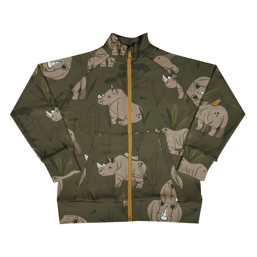 Meyadey childrens roaming rhino print zip up lined jacket on a white background