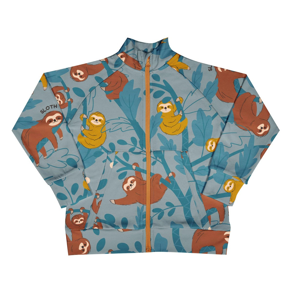 Meyadey childrens lined sloth print zip up jacket on a white background