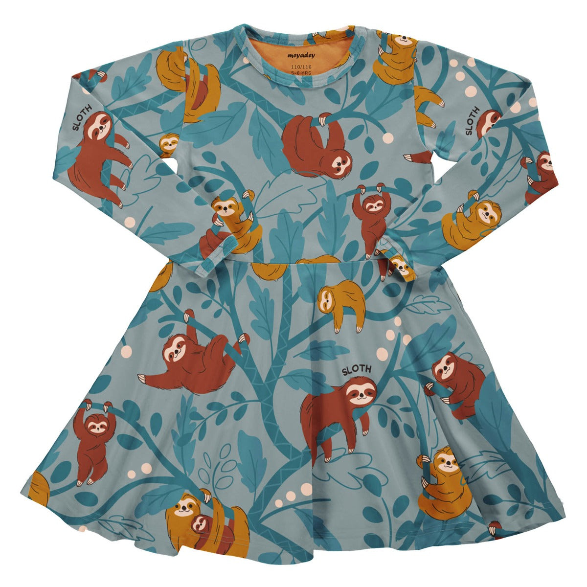 Meyadeysleepy sloth, organic skater style dress has a repeat sloth and branch print with highlights of warm brown and mustard on a pale blue background