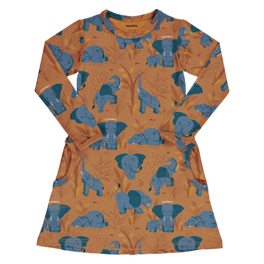 Meyadey Elephant Clan, organic long sleeved dress in caramel brown with savannah and elephant repeat print. On white background