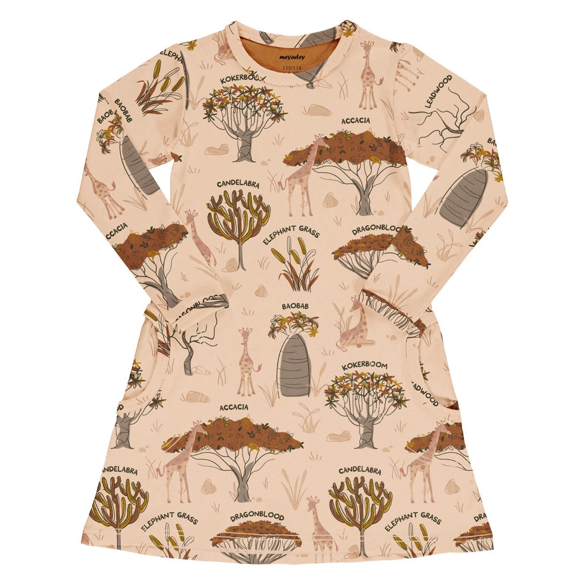 Meyadey Savanna Woodland organic long sleeved dress in pale sand colour with Savanna tree images, giraffes and tree names repeat print.