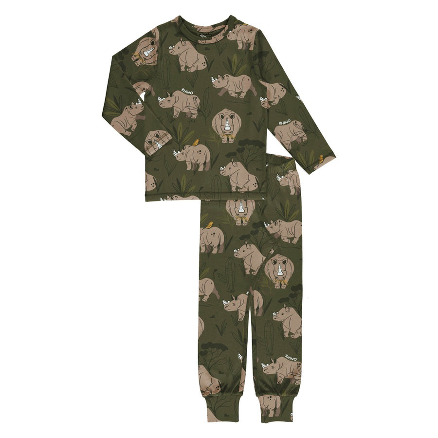 Meyadey children's organic cotton roaming rhino pyjamas on a white background