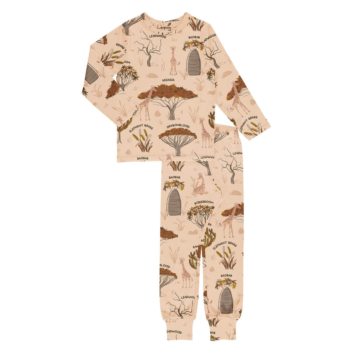 Meyadey Savanna Woodland, comfy, organic pyjama set in pale sand colour with Savanna tree images, giraffes and tree names repeat print. Long sleeved