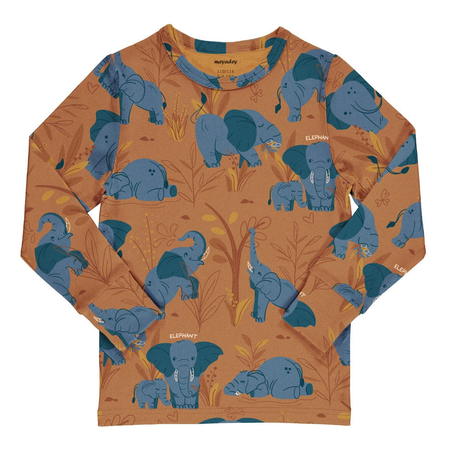 Meyadey Elephant Clan, organic long sleeved top in caramel brown with savannah and elephant repeat print.