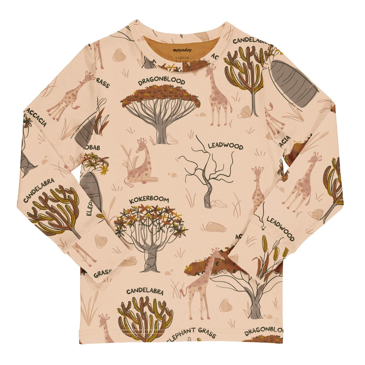 Meyadey Savanna Woodland organic long sleeved top in pale sand colour with Savanna tree images, giraffes and tree names repeat print. White background