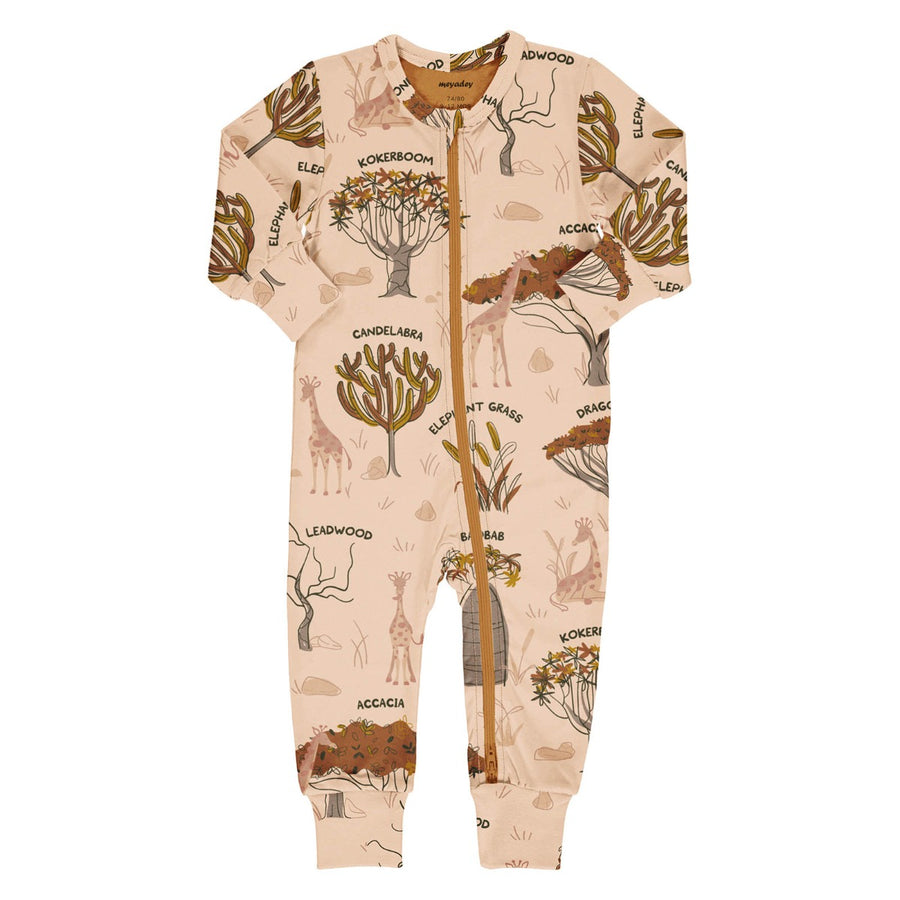 Meyadey Savanna Woodland, comfy, organic romper in pale sand colour with Savanna tree images, giraffes and tree names repeat print.