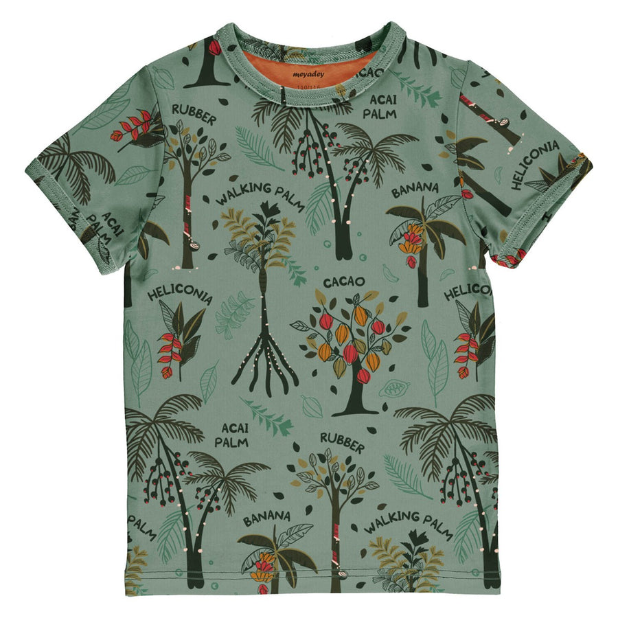 Meyadey Trillion Trees organic, short sleeved top in pale green with Amazonian tree images and names repeat print. White Background