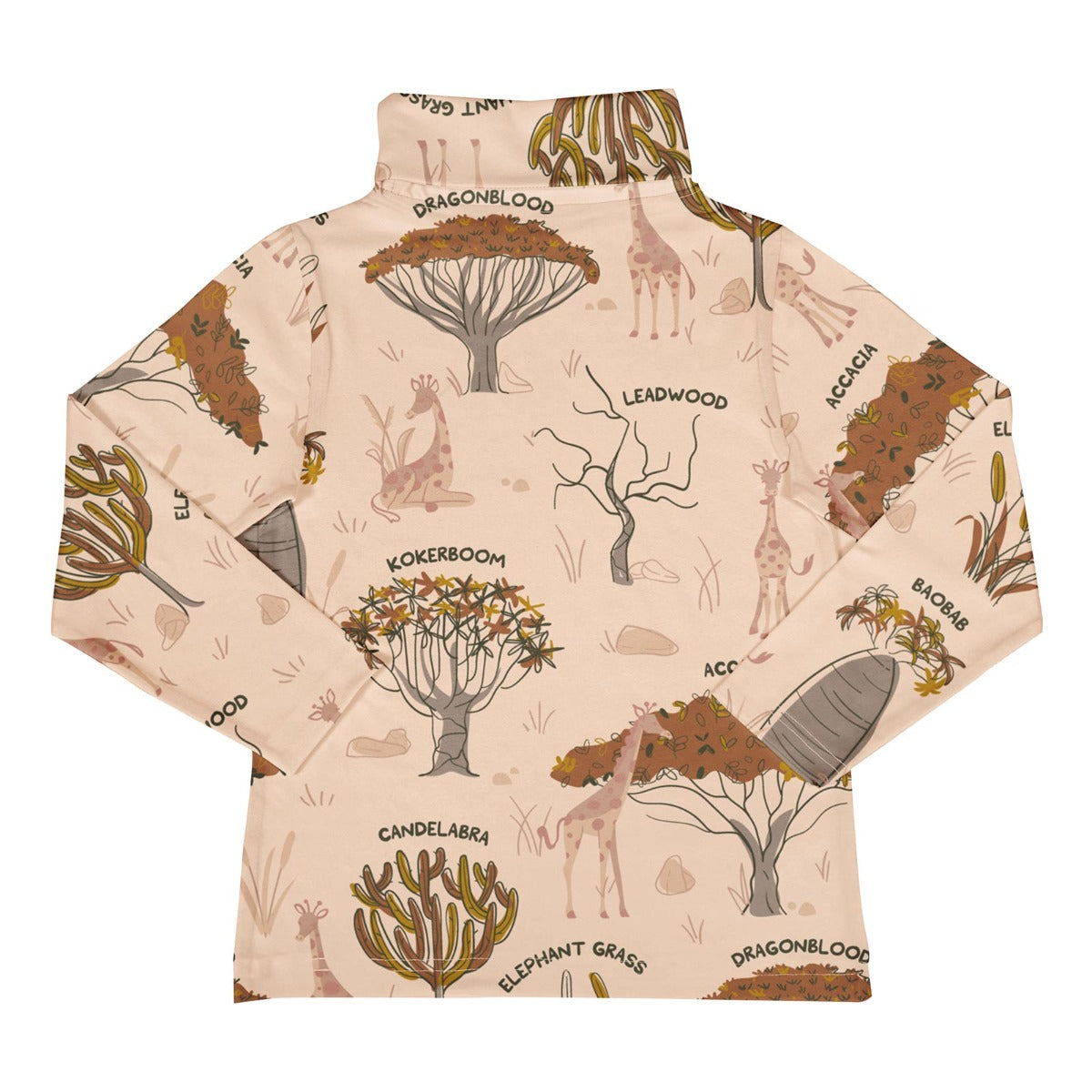 Meyadey childrens eco-friendly savanna woodland print long sleeve turtle neck top on a white background