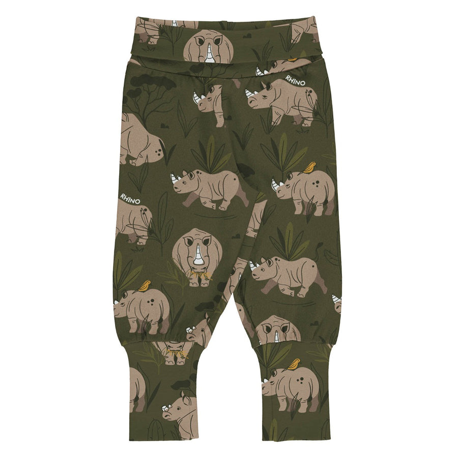 Meyadey Roaming Rhino organic, harem style trousers in deep mossy green with detailed rhino and savannah plants print.