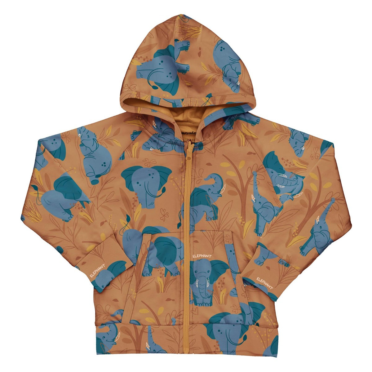 Meyadey Elephant Clan organic zip-up hoodie in caramel brown with savannah and elephant repeat print.