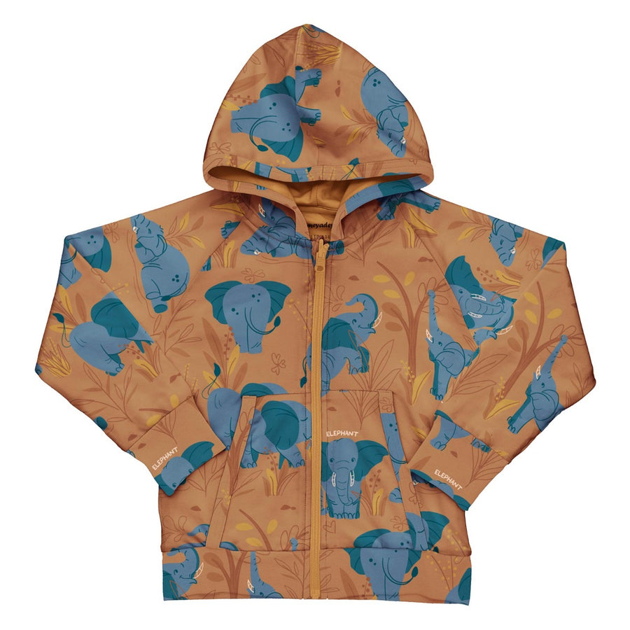 Meyadey Elephant Clan organic zip-up hoodie in caramel brown with savannah and elephant repeat print.