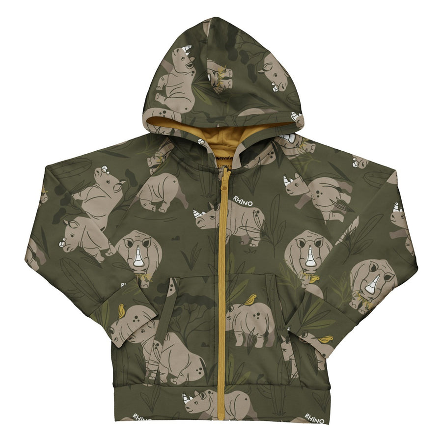 Meyadey Roaming Rhino organic, zip hoodie in deep mossy green with detailed rhino and savannah plants print.