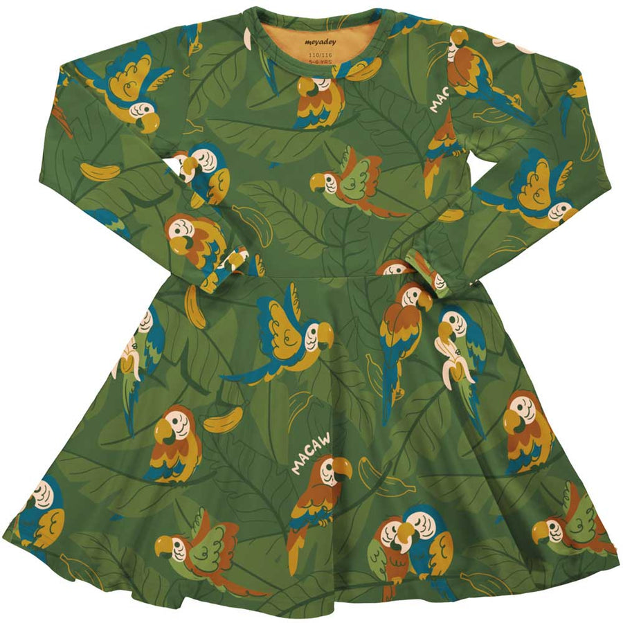 Meyadey Marvellous Macaw, organic, skater style dress in rich green with macaw and leaves repeat print.