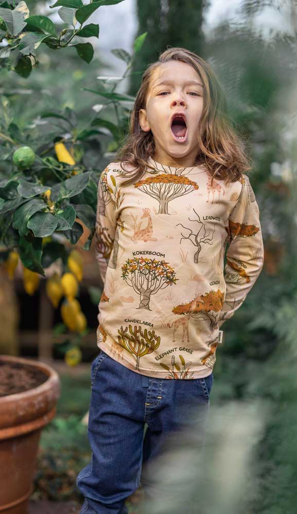 Meyadey Savanna Woodland organic long sleeved top in pale sand colour with Savanna tree images