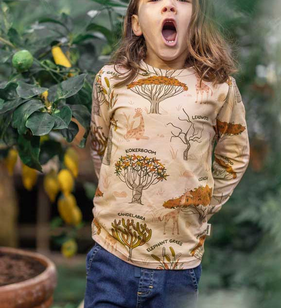 Meyadey Savanna Woodland organic long sleeved top in pale sand colour with Savanna tree images