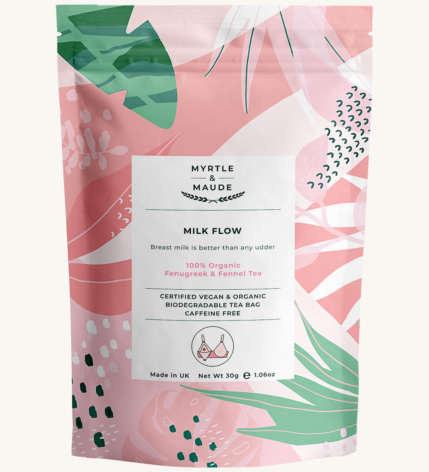 Pink with leaves milk flow tea pouch on a cream background.