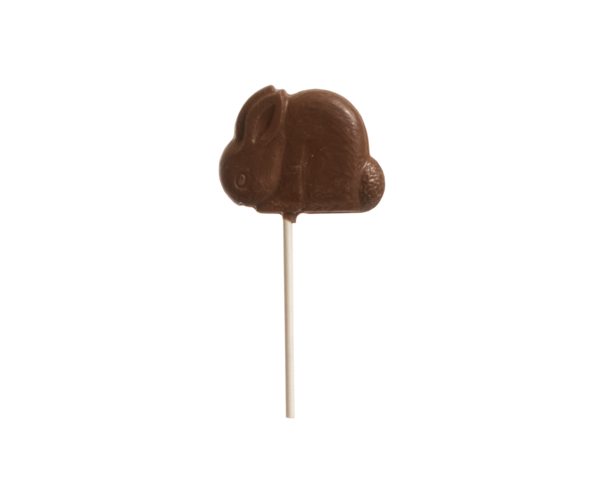 Cocoa Loco ethical milk chocolate rabbit lolly on a white background