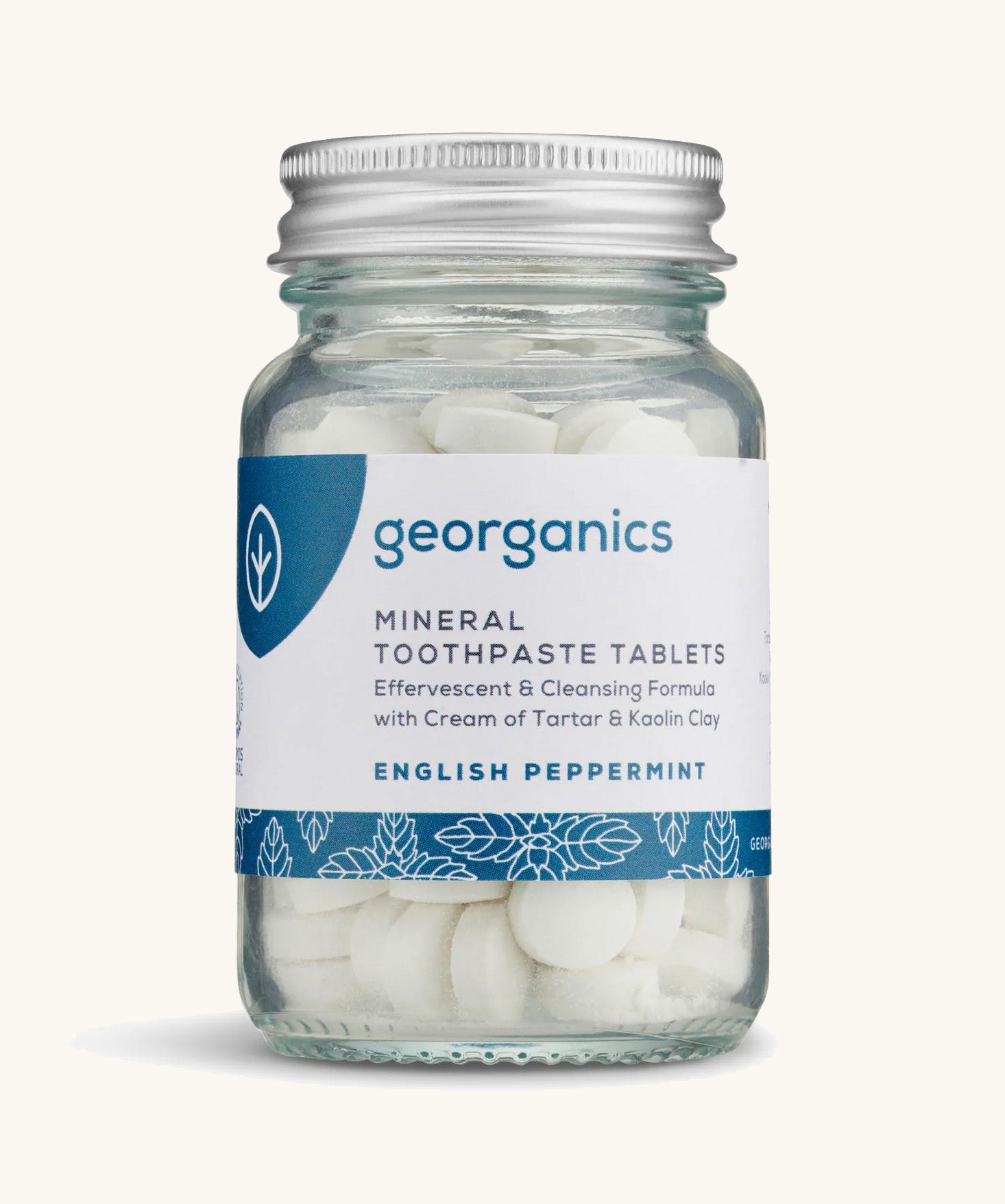 A jar of the Georganics english peppermint toothpaste tablets