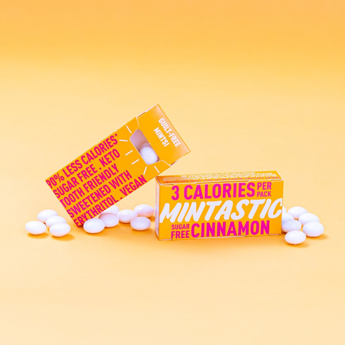 cinnamon flavour in bright orange packaging with bright pink and white writing. On a white background