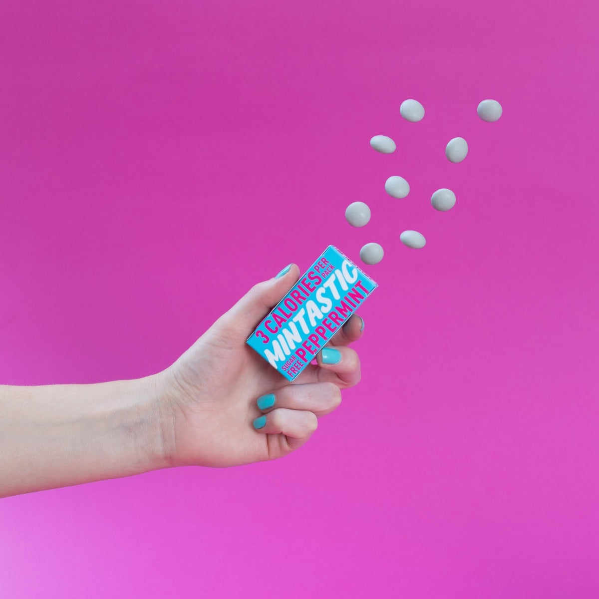 peppermint flavour in bright blue packaging with bright pink and white writing. On a white background