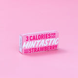 strawberry flavour in pale pink packaging with bright pink and white writing. On a white background