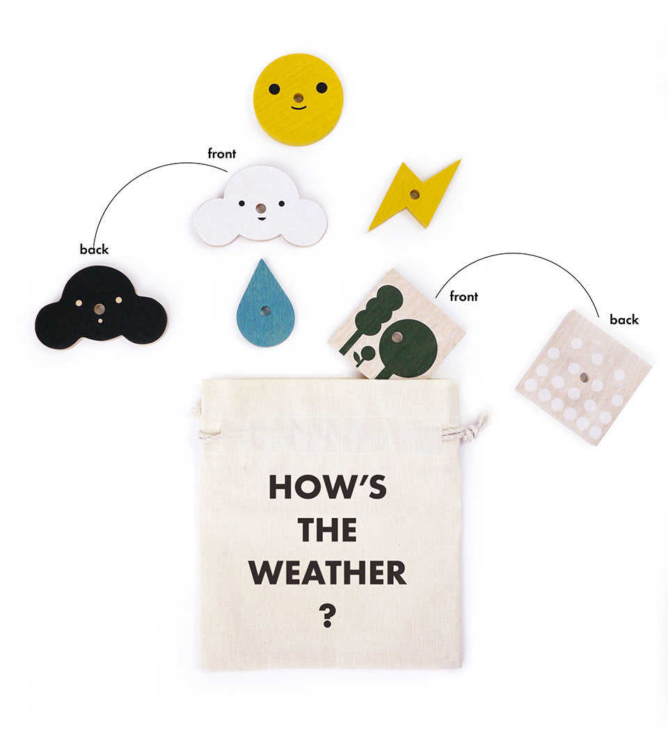 Pieces from the Moon Picnic wooden weather station scattered on a white background above a drawstring bag