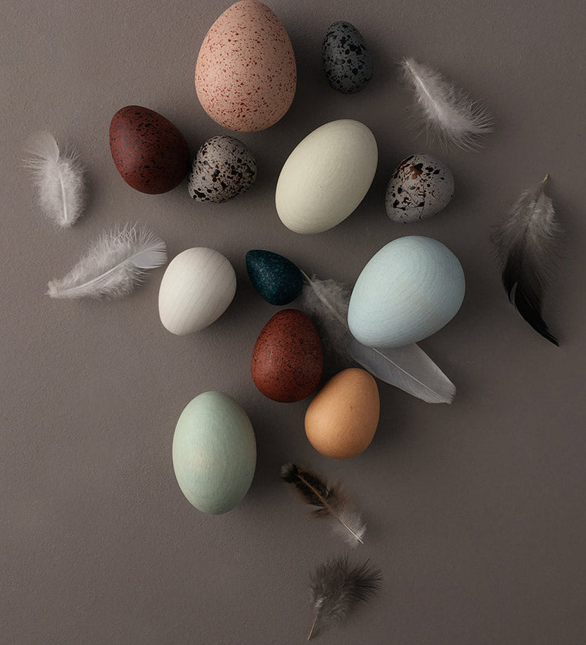 Erzi wooden birds egg toy set on a grey background