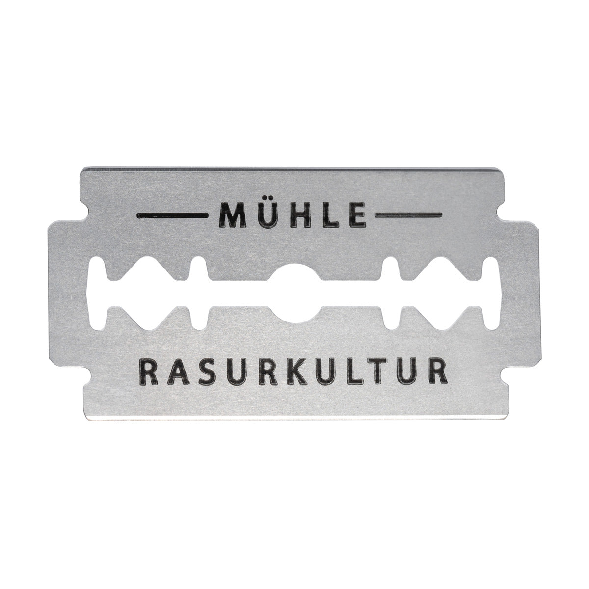 Close up of a Muhle spare stainless steel safety razor blade on a white background