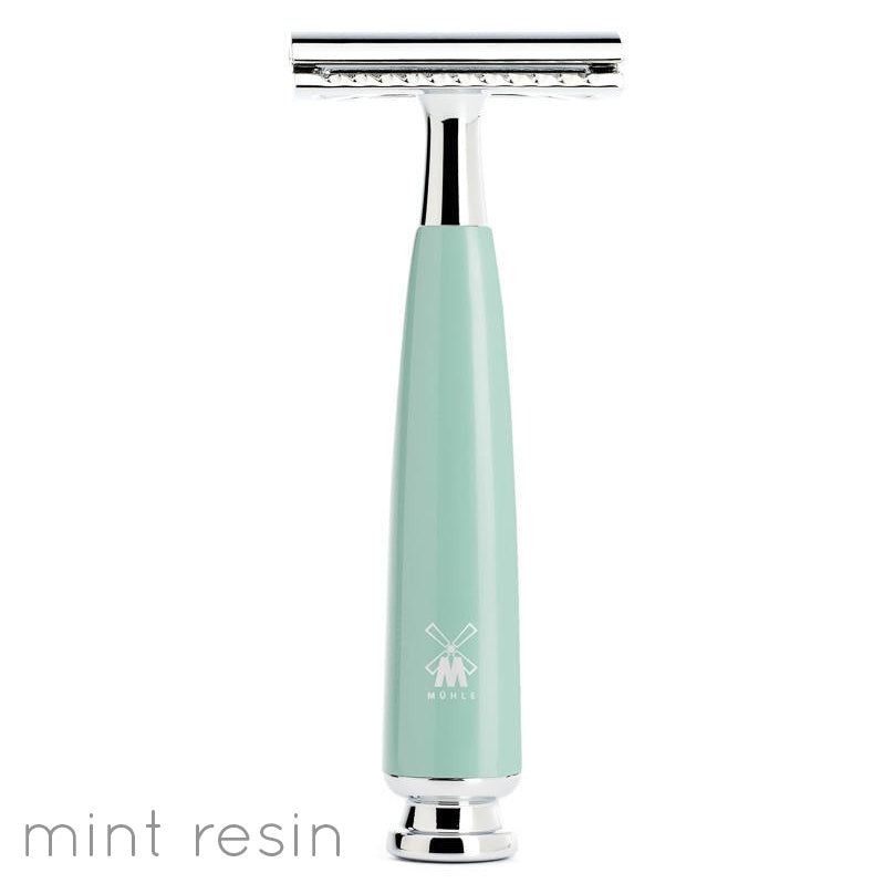 Muhle mint stainless steel reusable safety razor on a white background