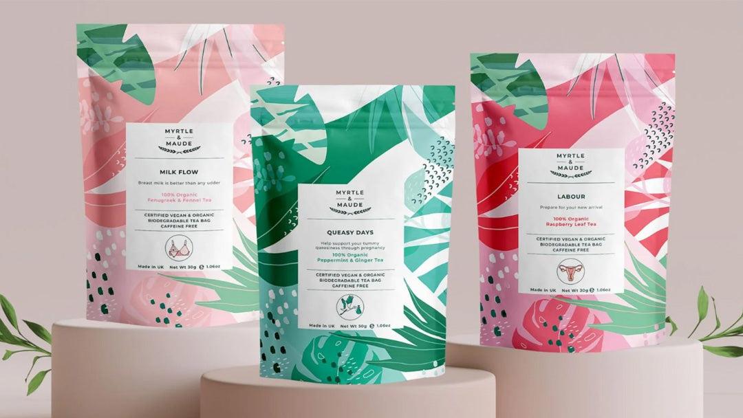 Three packets of different Myrtle & Maude pregnancy and wellness teas