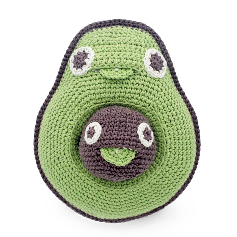 Front of the Myum eco-friendly organic cotton avocado pull string music toy on a white background