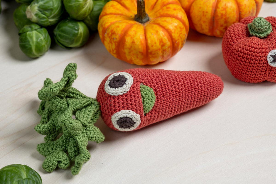 myum organic cotton soft crochet carrot laying on a white table next to an orange pumpkin and some sprouts