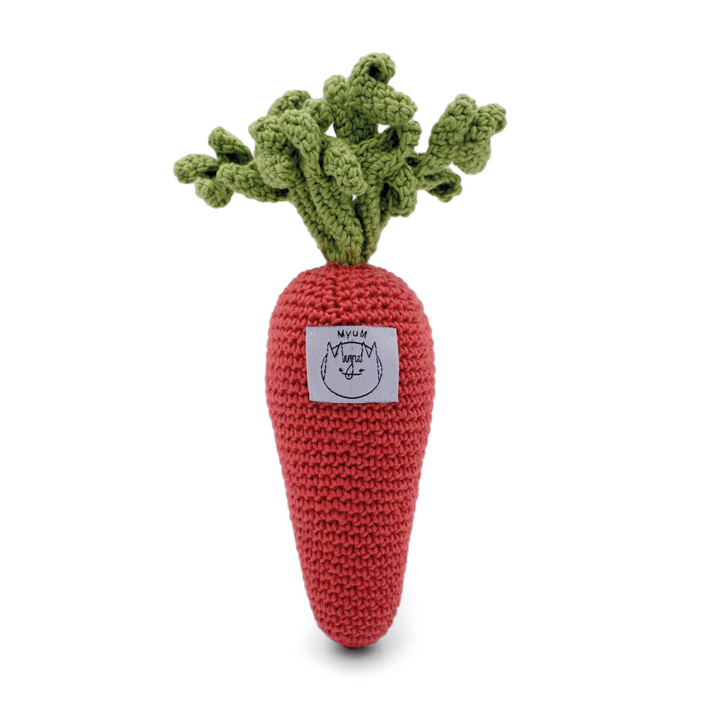 Back of the Myum plastic free eco-friendly marie charlotte carrot baby toy on a white background