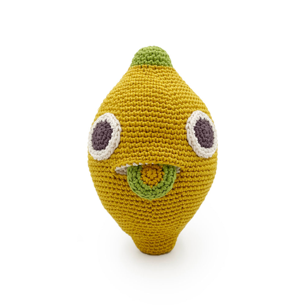 Myum eco-friendly organic cotton lemon musical toy stood up on a white background