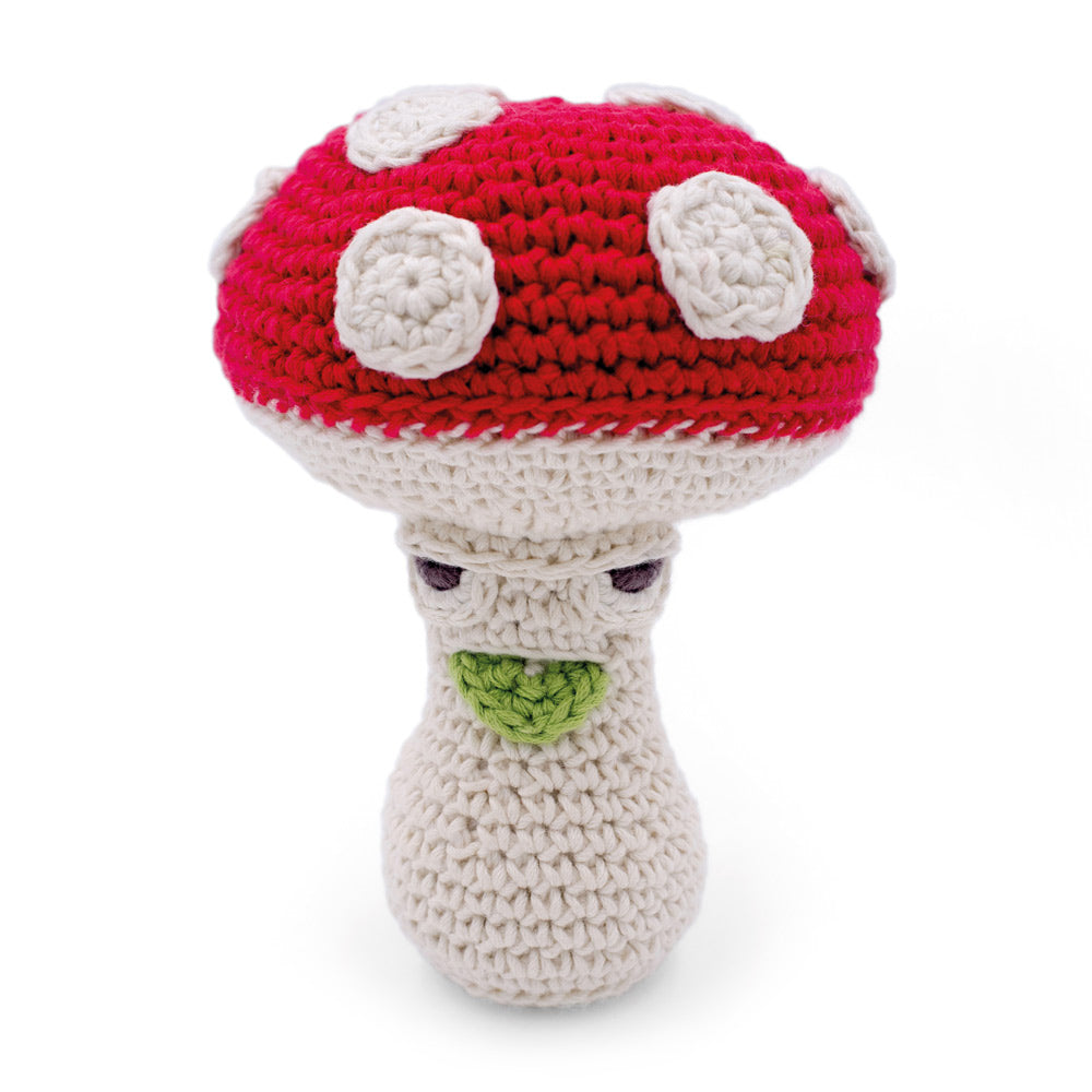 Front of the Myum meredith amanita organic cotton mushroom rattle toy on a white background